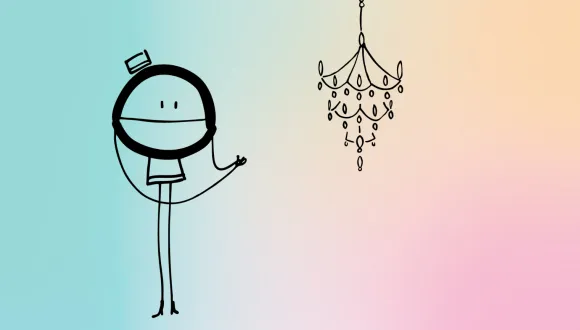 Illustration einer stilisierten Hoteldirektorin aus Das Grand Hotel der Gefühle: Eine minimalistisch gezeichnete Strichfigur mit rundem Kopf, kleinem Hut und langen Beinen steht aufrecht und gestikuliert. Daneben hängt ein filigraner Kronleuchter. Der Hintergrund zeigt einen sanften Verlauf von Beige- und Apricottönen zu Rosa und Hellblau. Figur und Kronleuchter sind als schwarze Linienzeichnung gestaltet und heben sich deutlich vom pastelligen Hintergrund ab.
